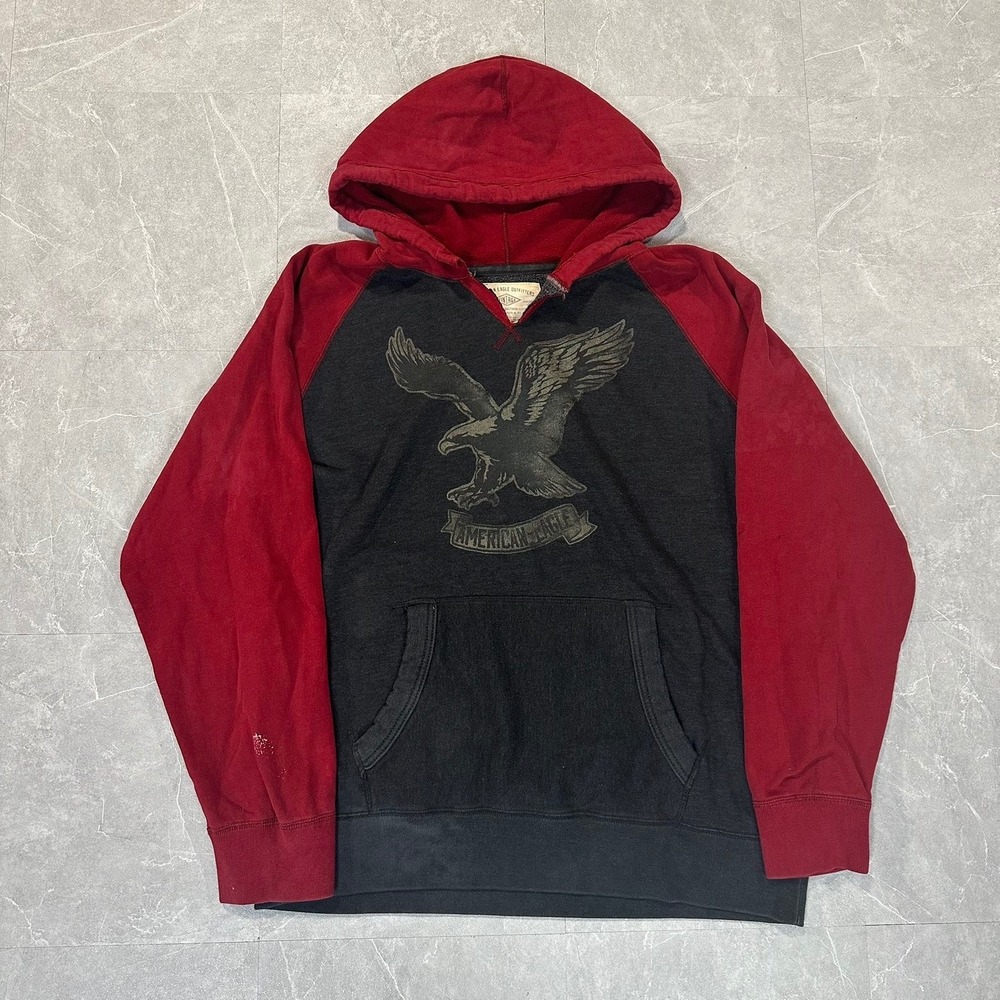 American Eagle Outfitters Mens XL Vintage Graphic Raglan Hoodie Grey Red 4135